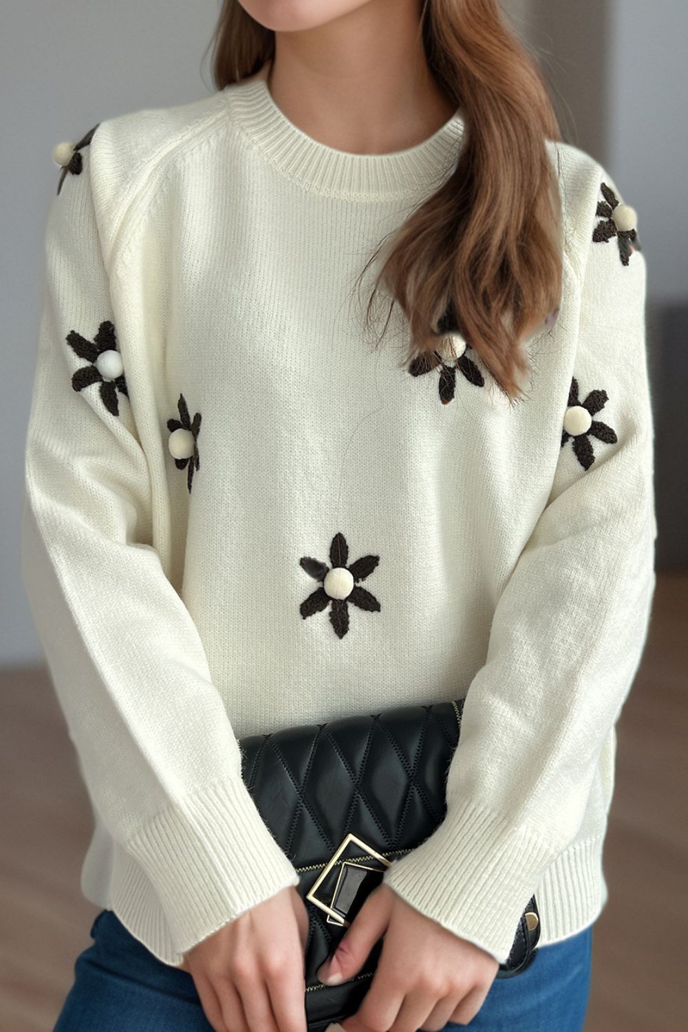 Flower Round Neck Raglan Sleeve Sweater - Charming Charlie