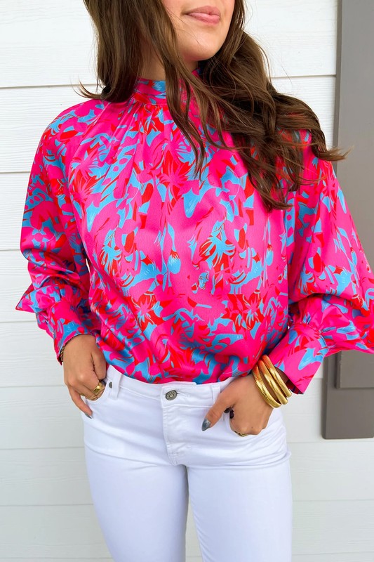 Purple Printed Bubble Sleeve Mock Neck Blouse - Charming Charlie