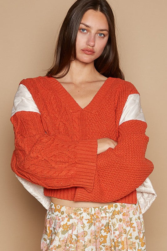 POL Cable Knit Quilting Patch V-Neck Contrast Sweater - Charming Charlie
