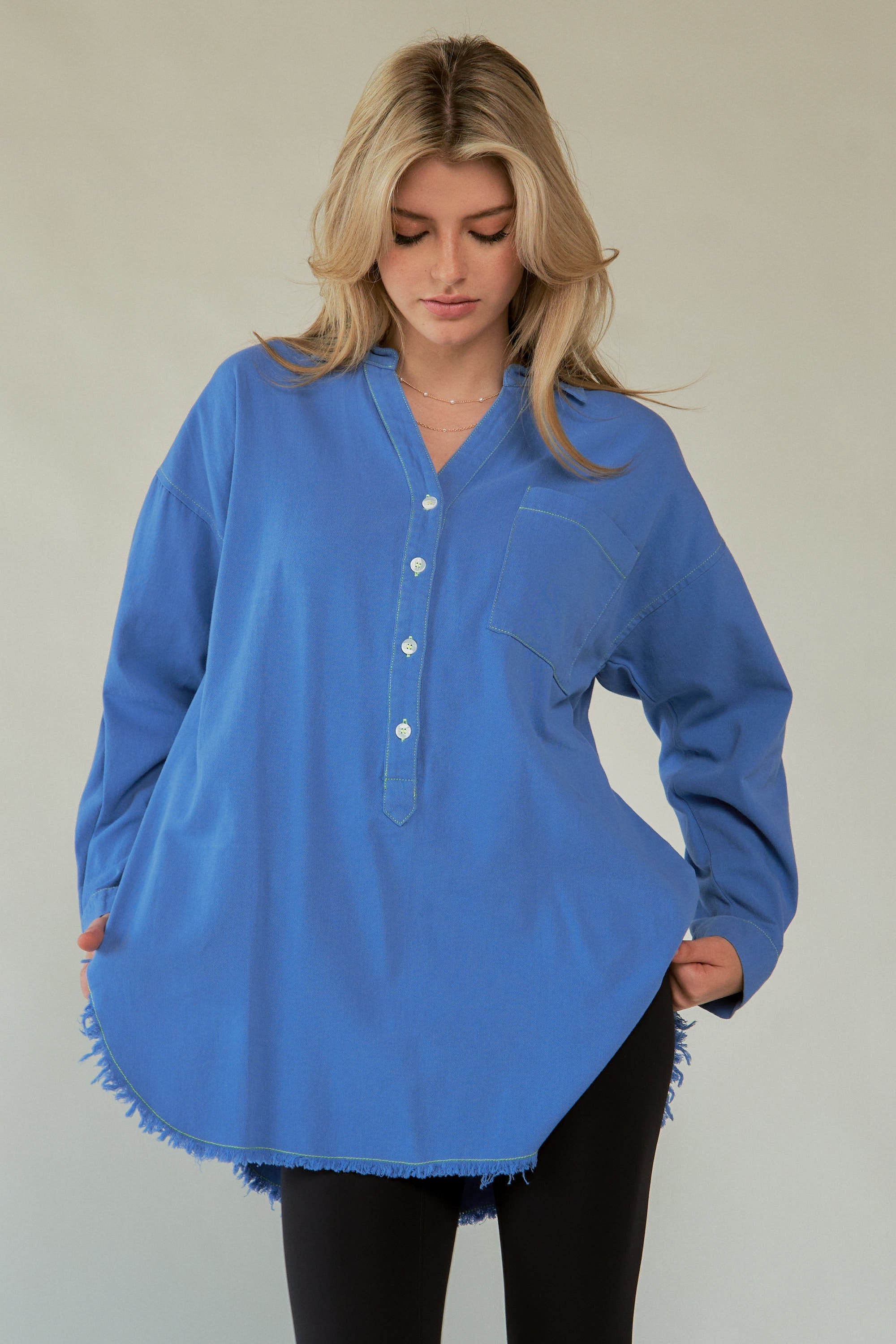 Davi & Dani Letter Back Raw Hem Half Button Shirt - Charming Charlie