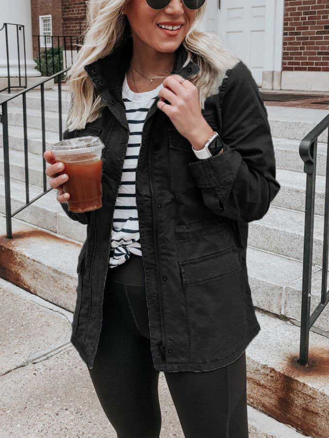 Pocketed Long Sleeve Zip Up Jacket - Charming Charlie