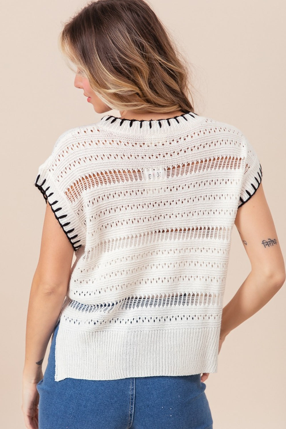 BiBi Stitch Edge Pointelle Side Slit Sweater Vest - Charming Charlie