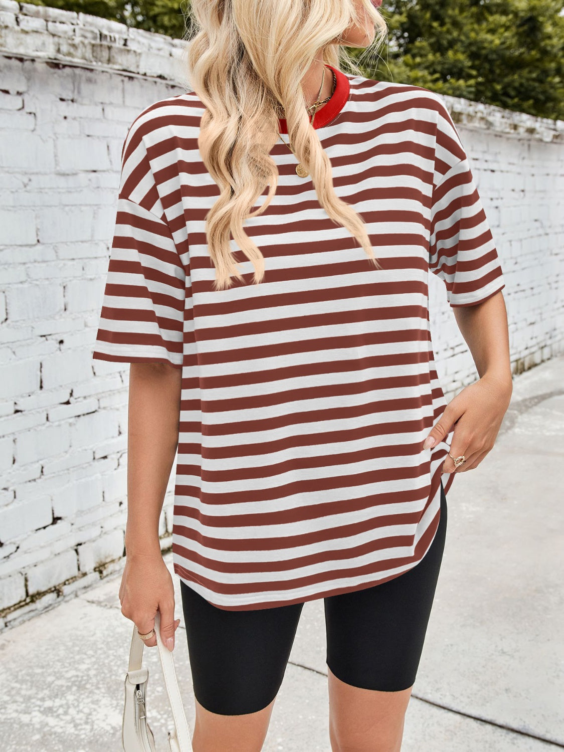 Lovelet Striped Round Neck Half Sleeve T-Shirt - Charming Charlie