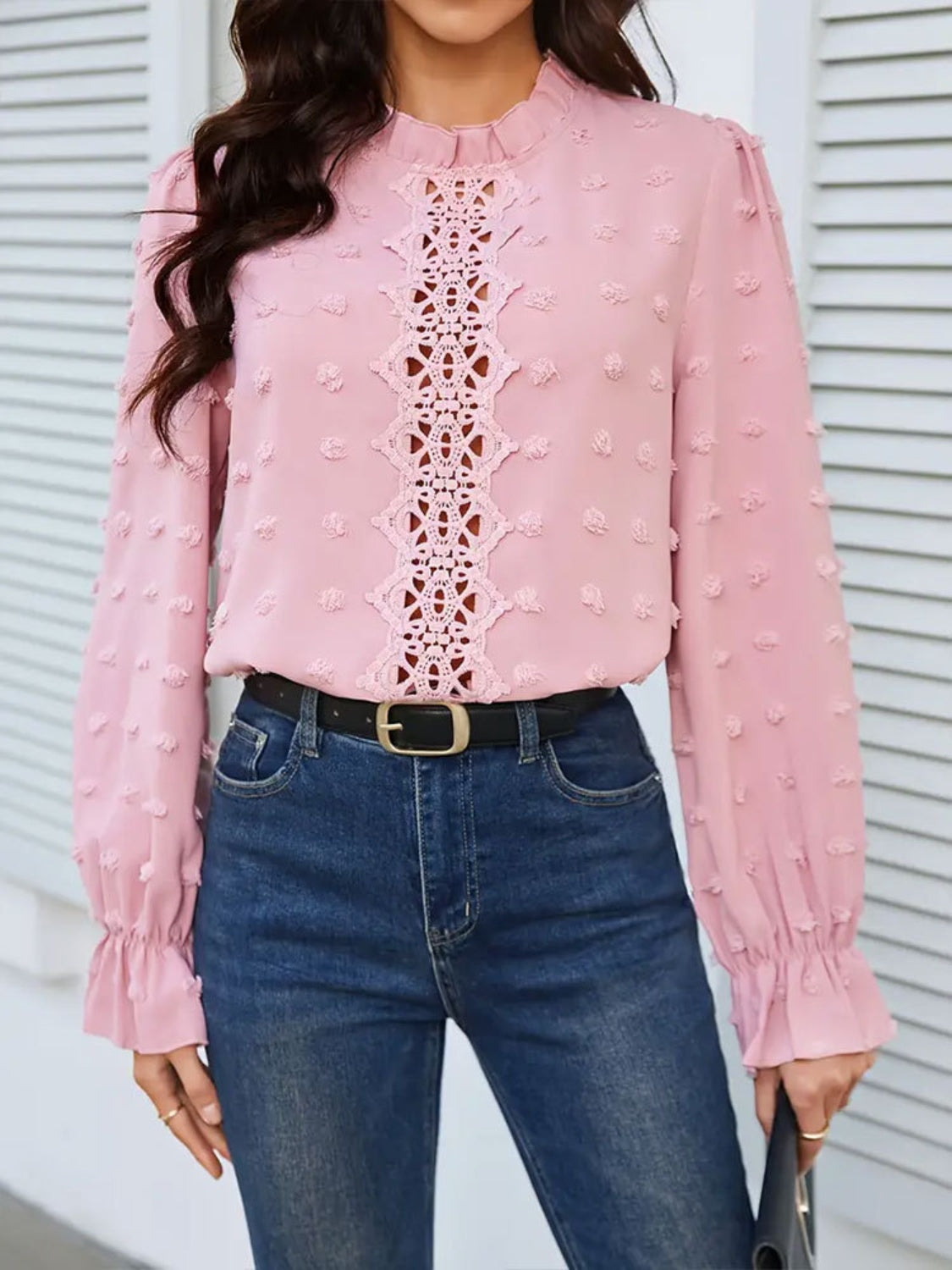 Swiss Dot Mock Neck Flounce Sleeve Blouse - Charming Charlie