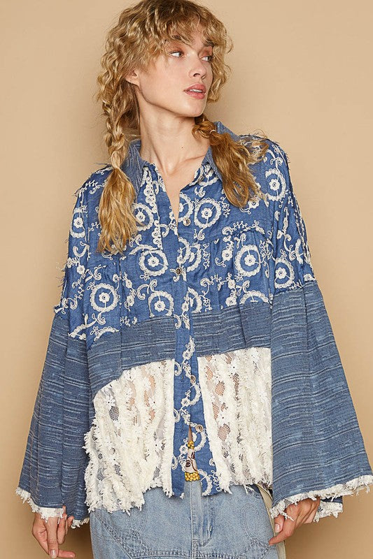 POL Lace Hem Embroidered Long Sleeve Shirt - Charming Charlie