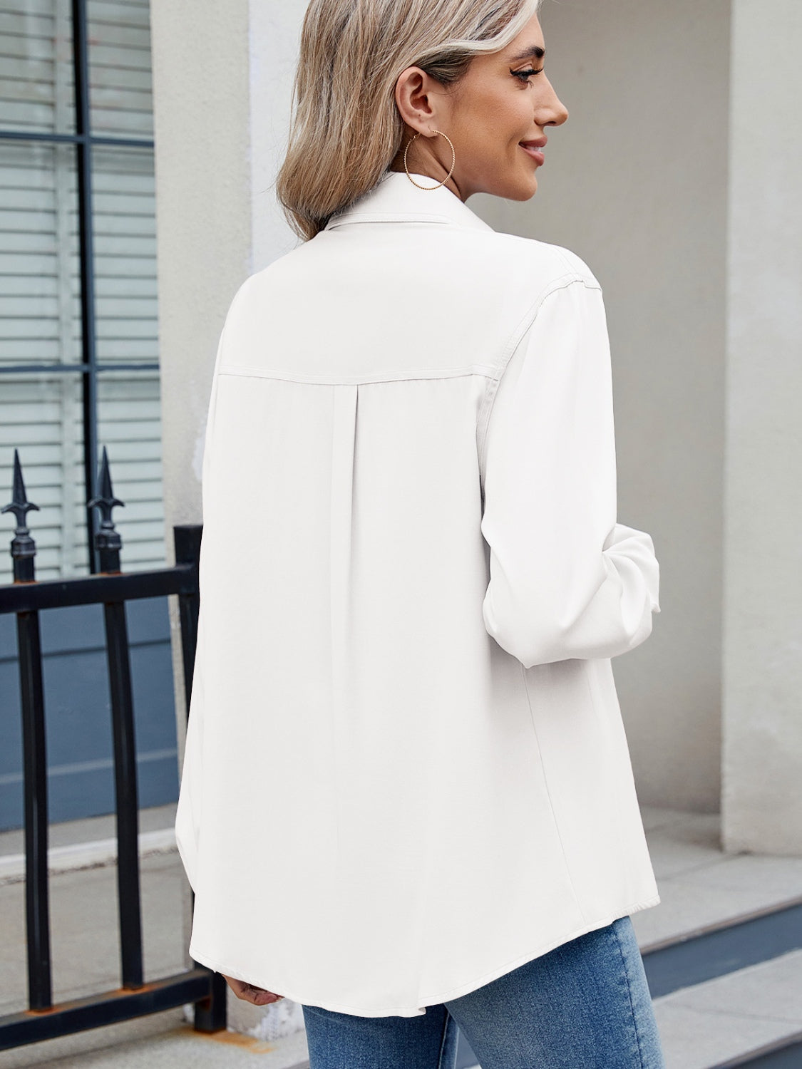 Solid Color Collared Neck Long Sleeve Shirt - Charming Charlie