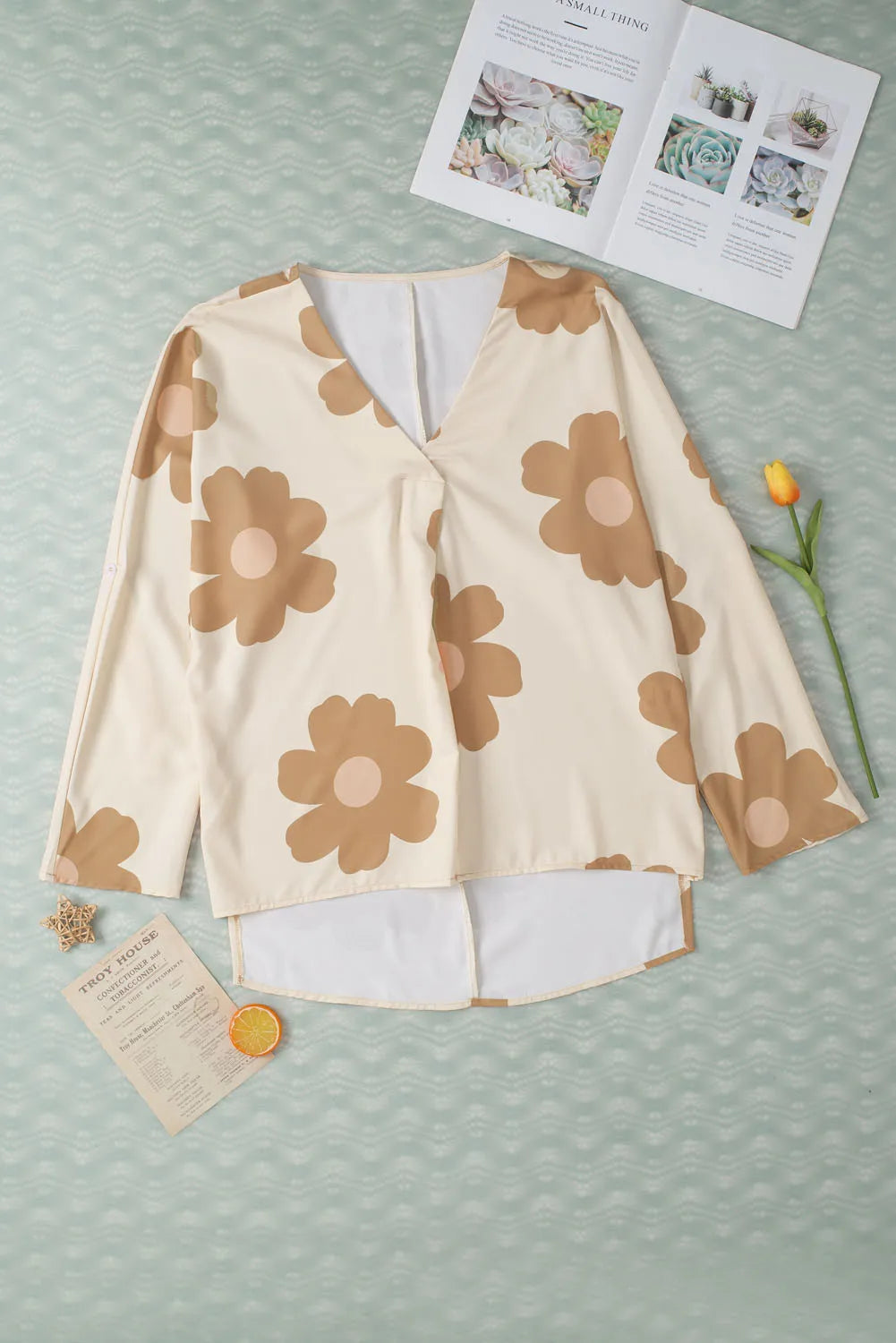Slit Printed V-Neck Blouse - Charming Charlie