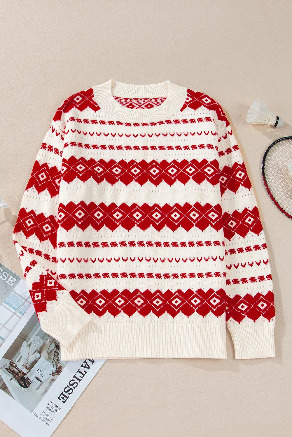 Geometric Round Neck Dropped Shoulder Sweater - Charming Charlie
