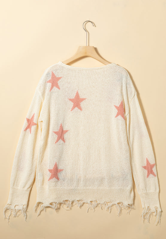 Contrast Star Raw Hem Long Sleeve Knit Top - Charming Charlie
