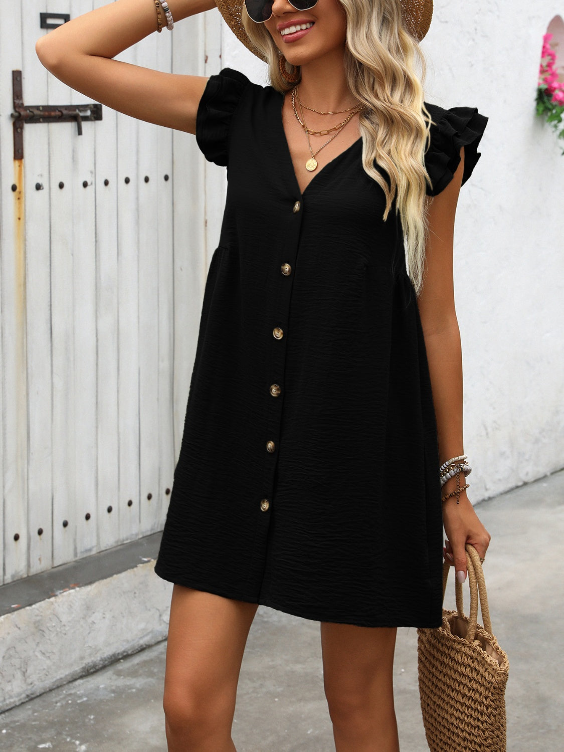 Button Up V-Neck Cap Sleeve Mini Dress - Charming Charlie
