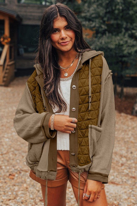 Women Textured Patchwork Loose Fit Hooded Jacket - Charming Charlie