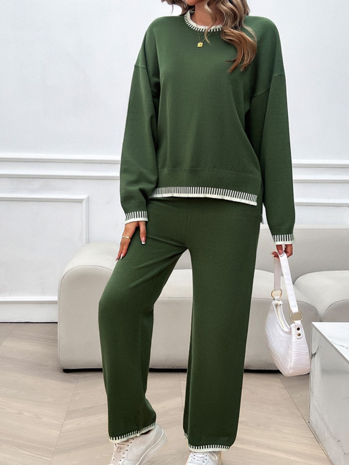 Round Neck Dropped Shoulder Top and Pants Sweater Set - Charming Charlie