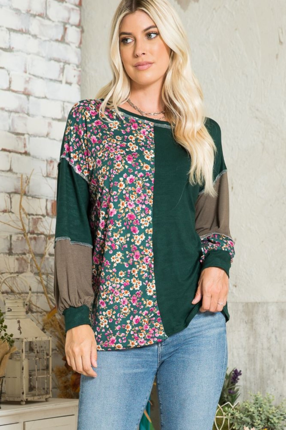 Celeste Full Size Floral Color Block Exposed Seam T-Shirt - Charming Charlie