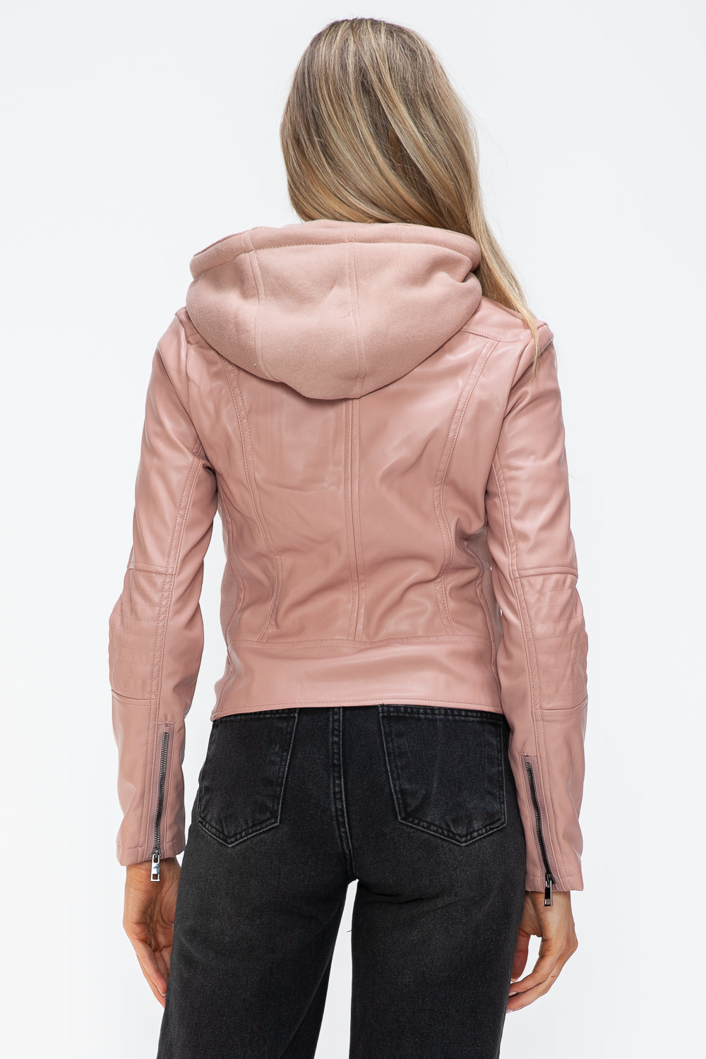 Snobbish Faux Leather Zip Up Drawstring Hooded Jacket - Charming Charlie