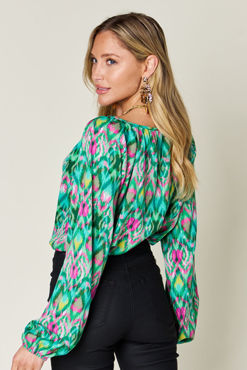 Double Take Full Size Printed Balloon Sleeve Blouse - Charming Charlie