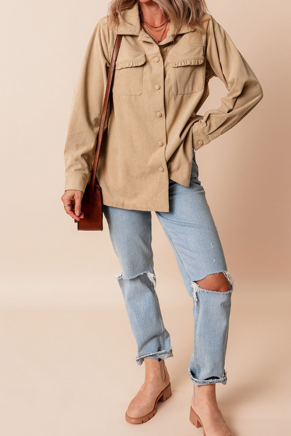 Frill Button Up Long Sleeve Shacket - Charming Charlie