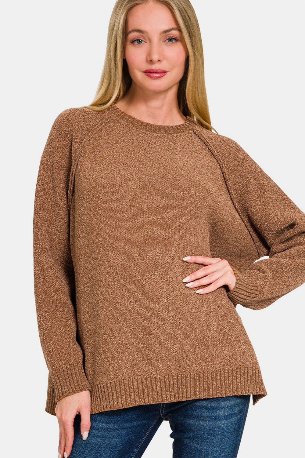 Zenana Side Slit Raglan Sleeve Sweater - Charming Charlie