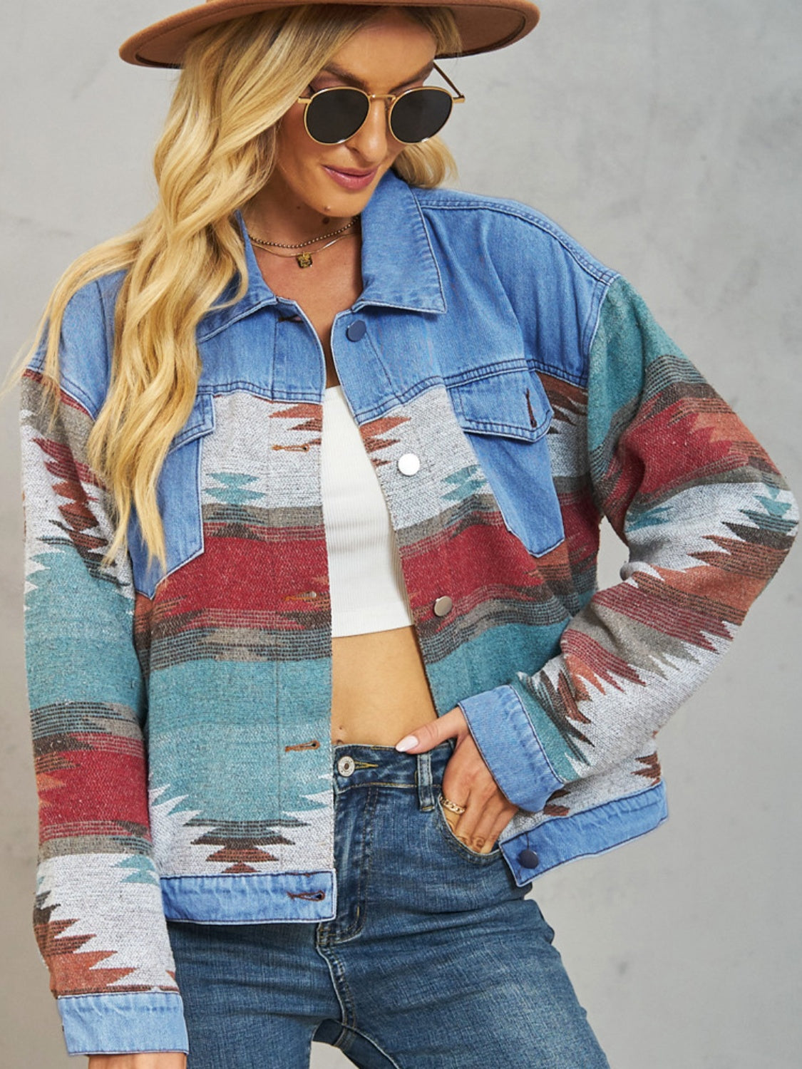 Geometric Button Up Dropped Shoulder Denim Jacket - Charming Charlie