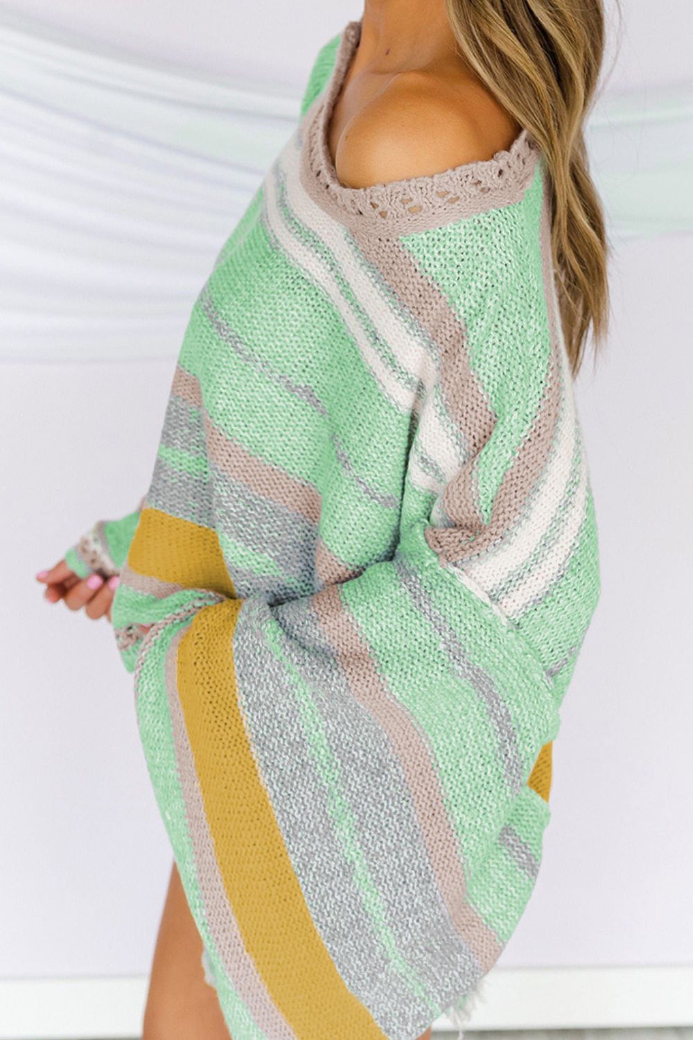 Contrast Striped Boat Neck Dropped Shoulder Sweater - Charming Charlie
