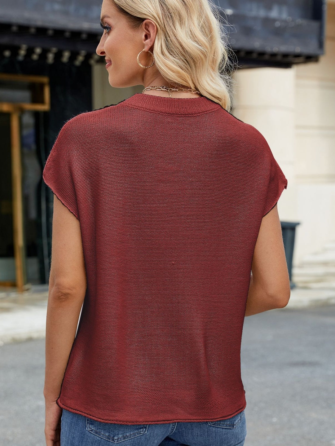 Exposed Seam Round Neck Short Sleeve Sweater - Charming Charlie