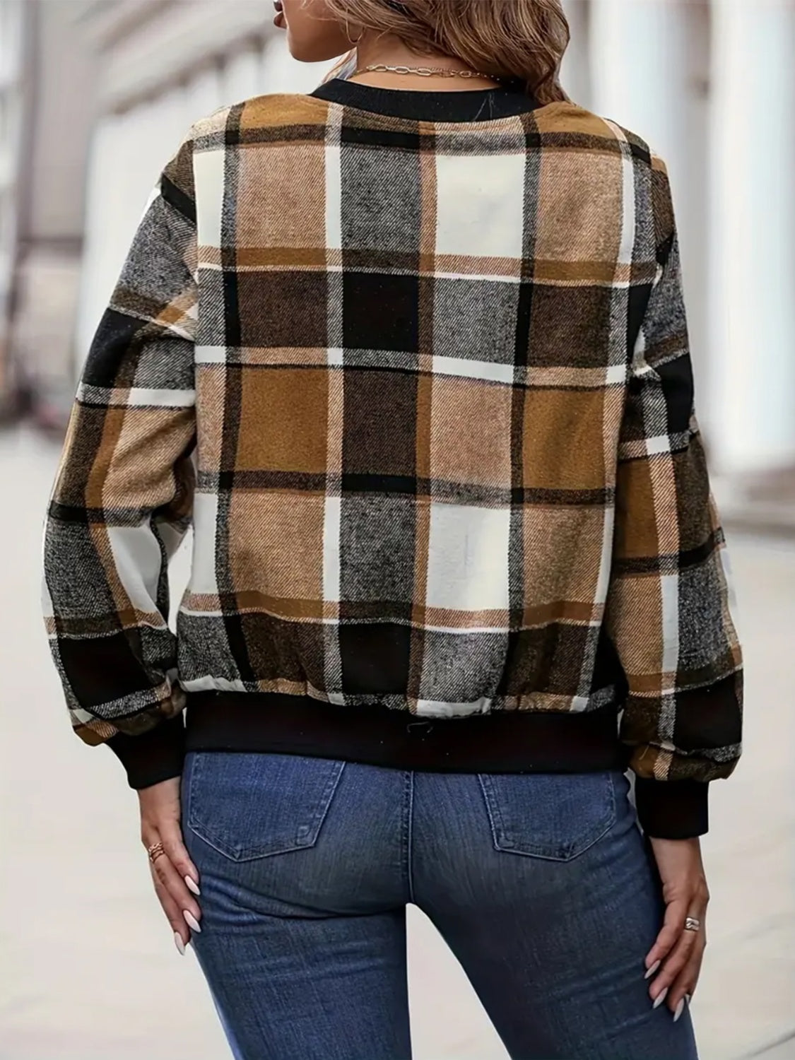 Plus Size Plaid Baseball Collar Zip Up Jacket - Charming Charlie