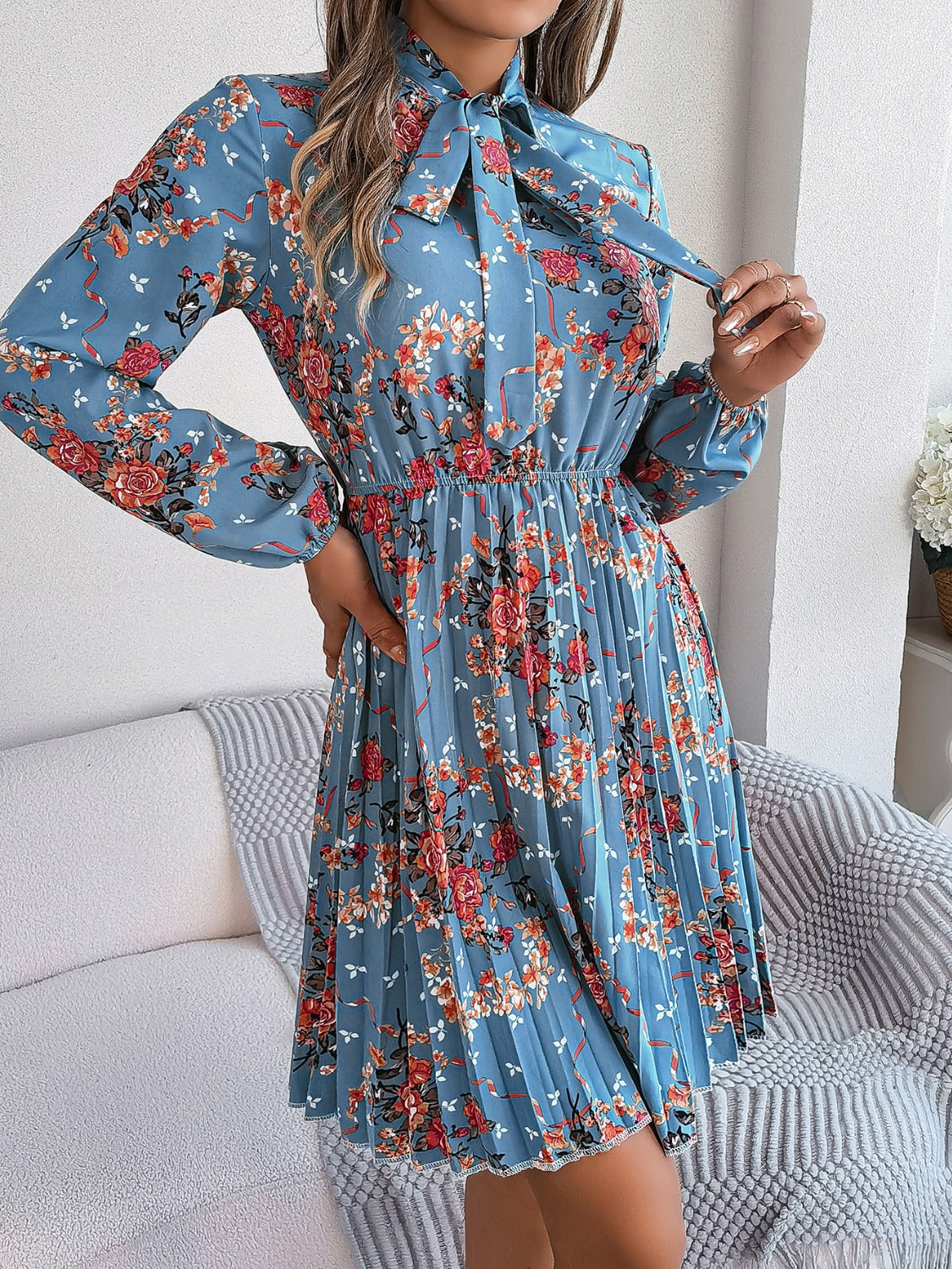 Pleated Printed Tie Neck Long Sleeve Dress - Charming Charlie