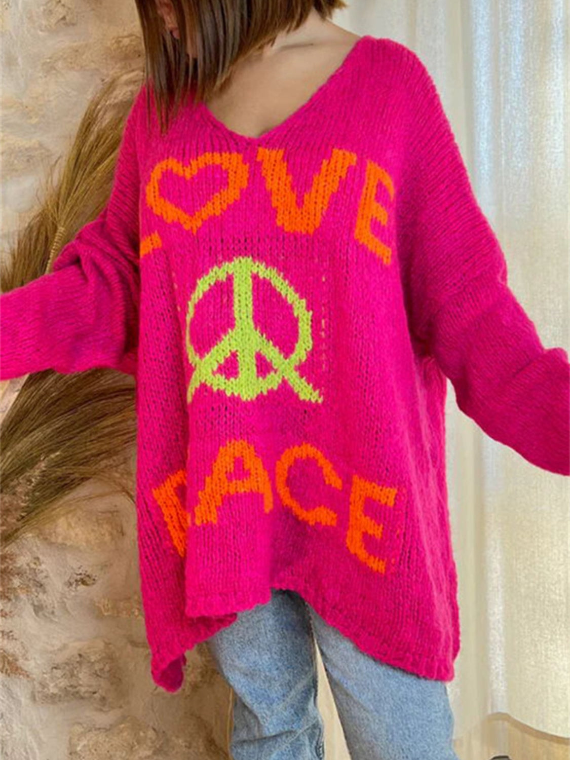 Peace Graphic V-Neck Long Sleeve Sweater - Charming Charlie