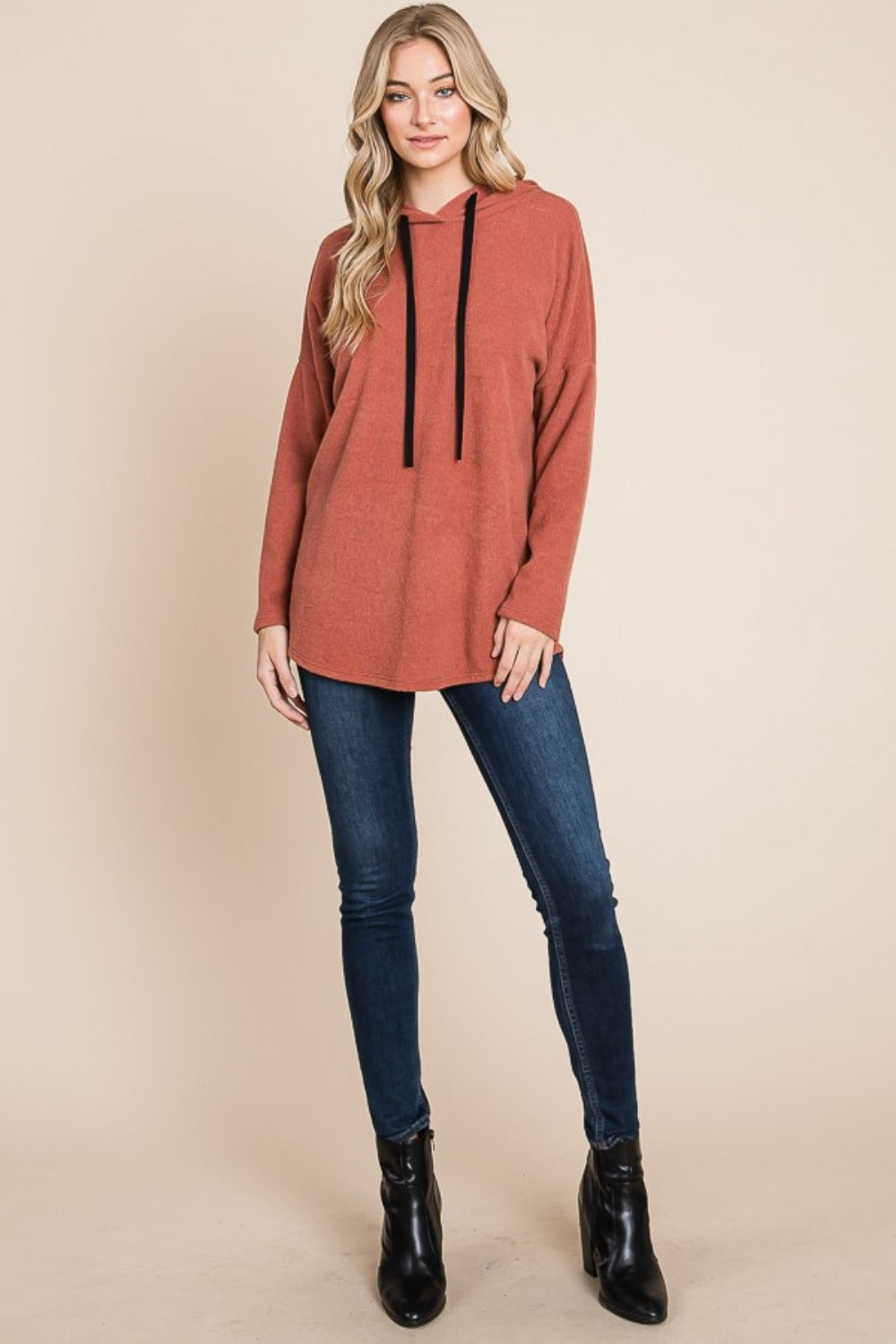 BOMBOM Contrast Drawstring Drop Shoulder Knit Hoodie - Charming Charlie