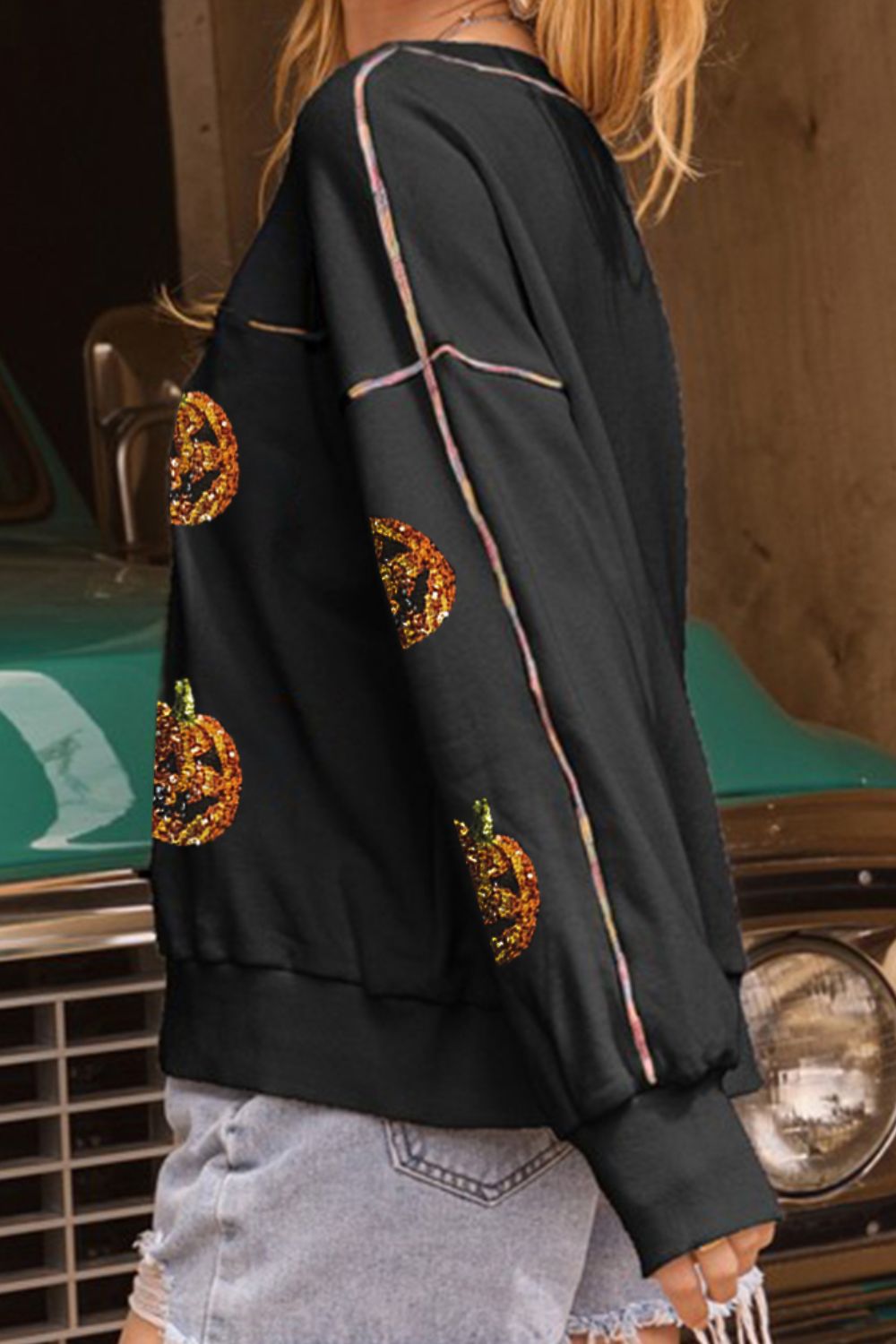 Sequin Pumpkin Round Neck Long Sleeve Sweatshirt - Charming Charlie