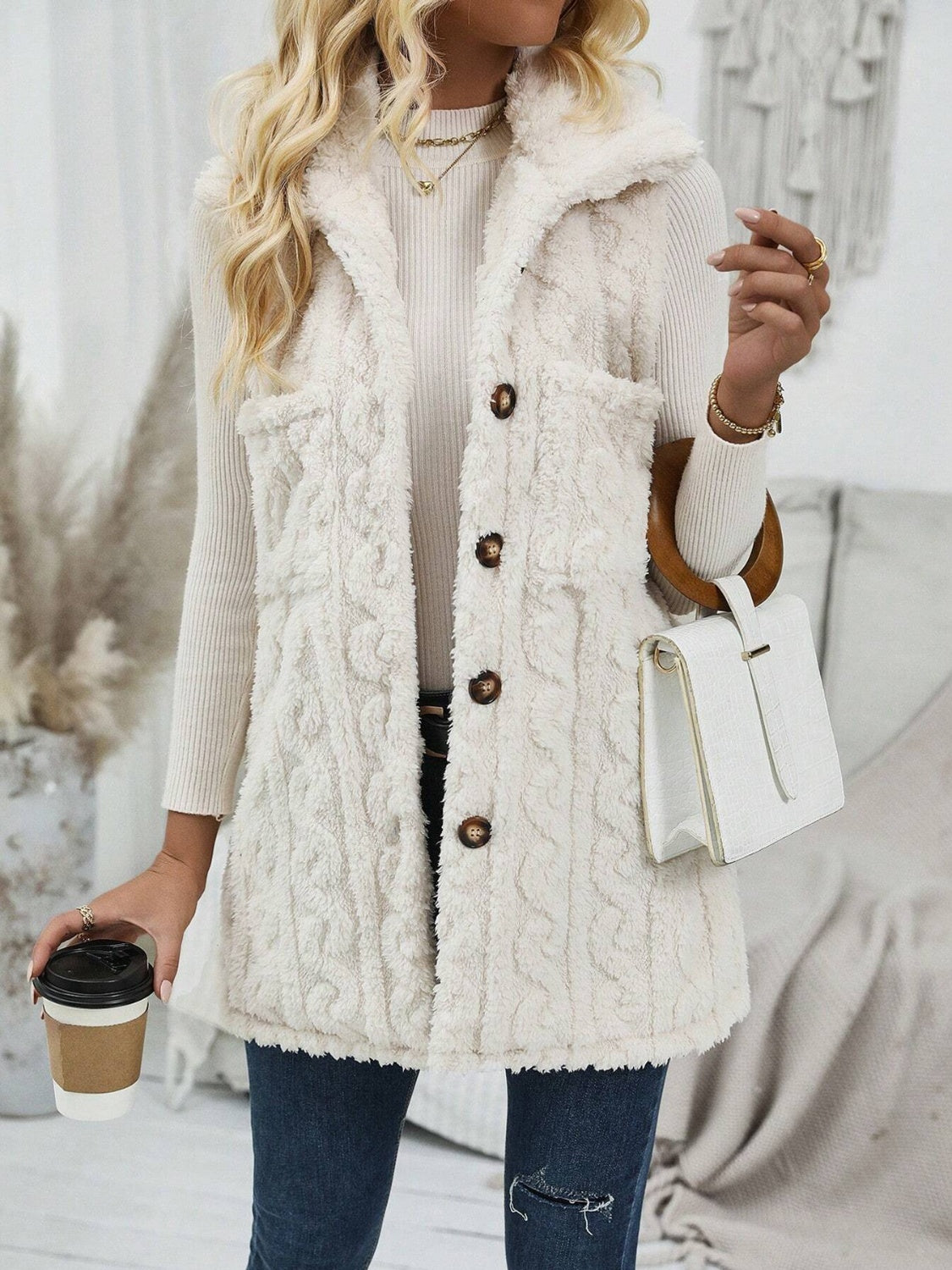 Fuzzy Button Up Vest Coat - Charming Charlie