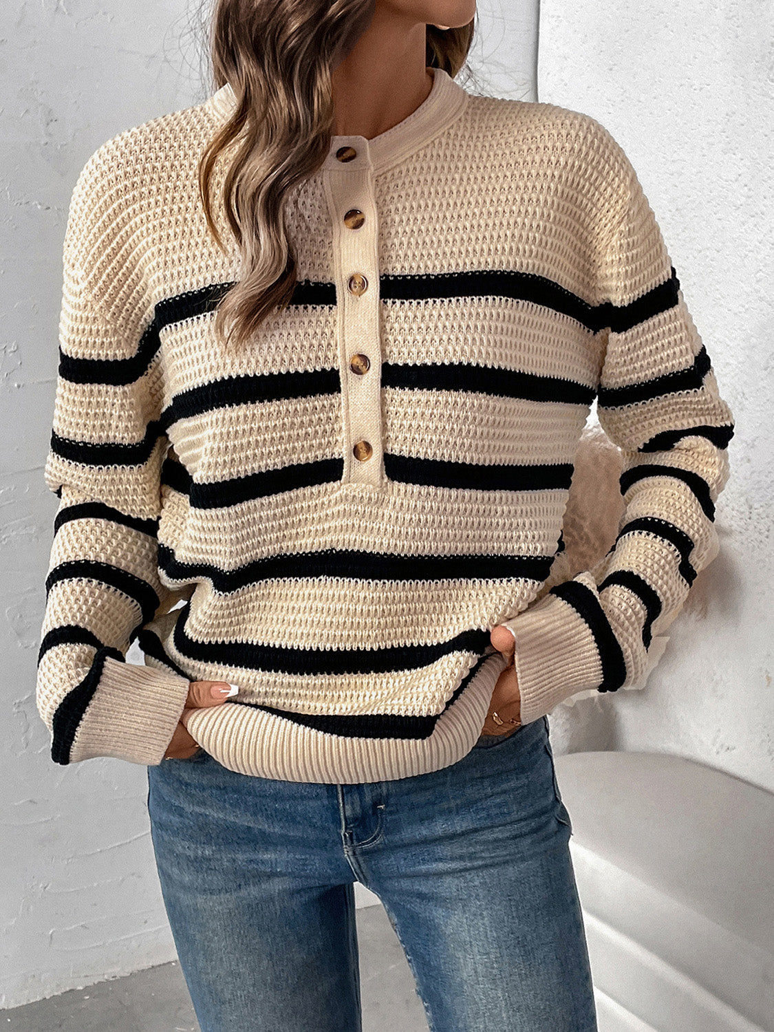 Perfee Striped Half Button Long Sleeve Sweater - Charming Charlie