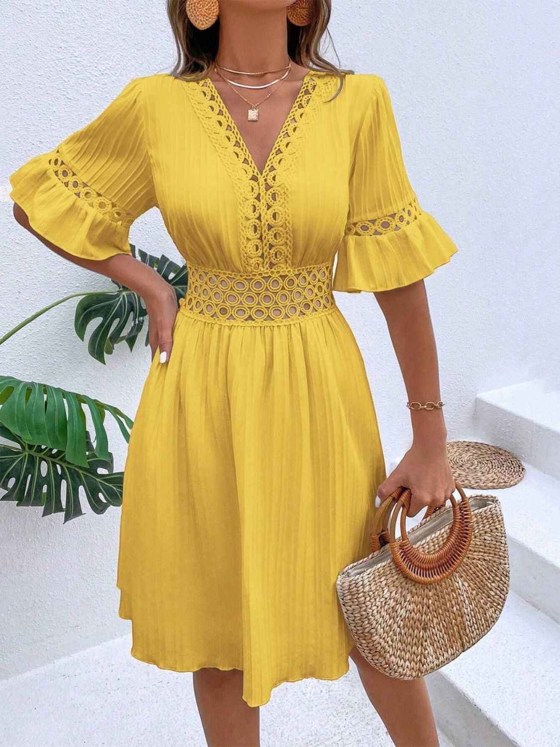 Cutout V-Neck Flounce Sleeve Mini Dress - Charming Charlie