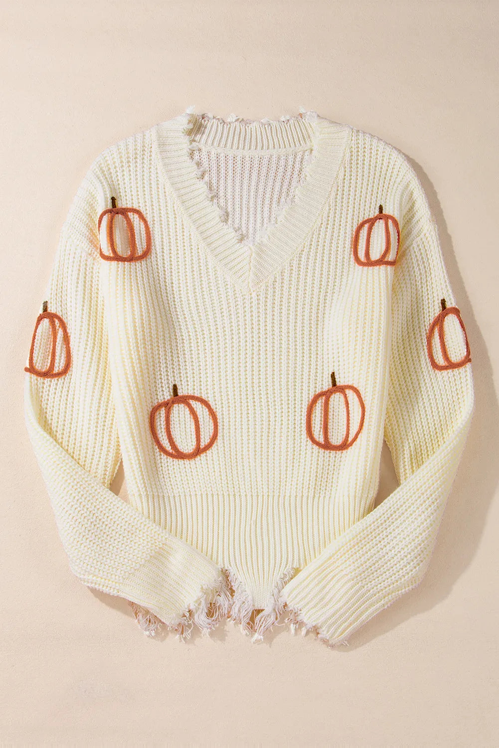 Raw Hem Pumpkin V-Neck Long Sleeve Sweater - Charming Charlie
