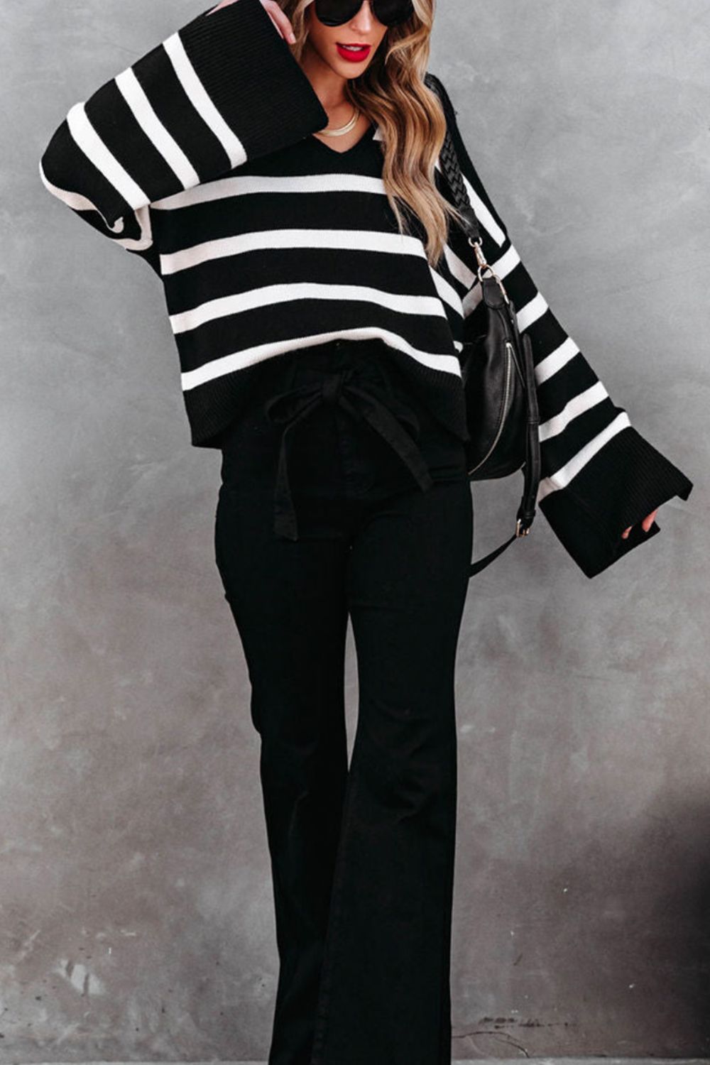 Striped Johnny Collar Long Sleeve Sweater - Charming Charlie