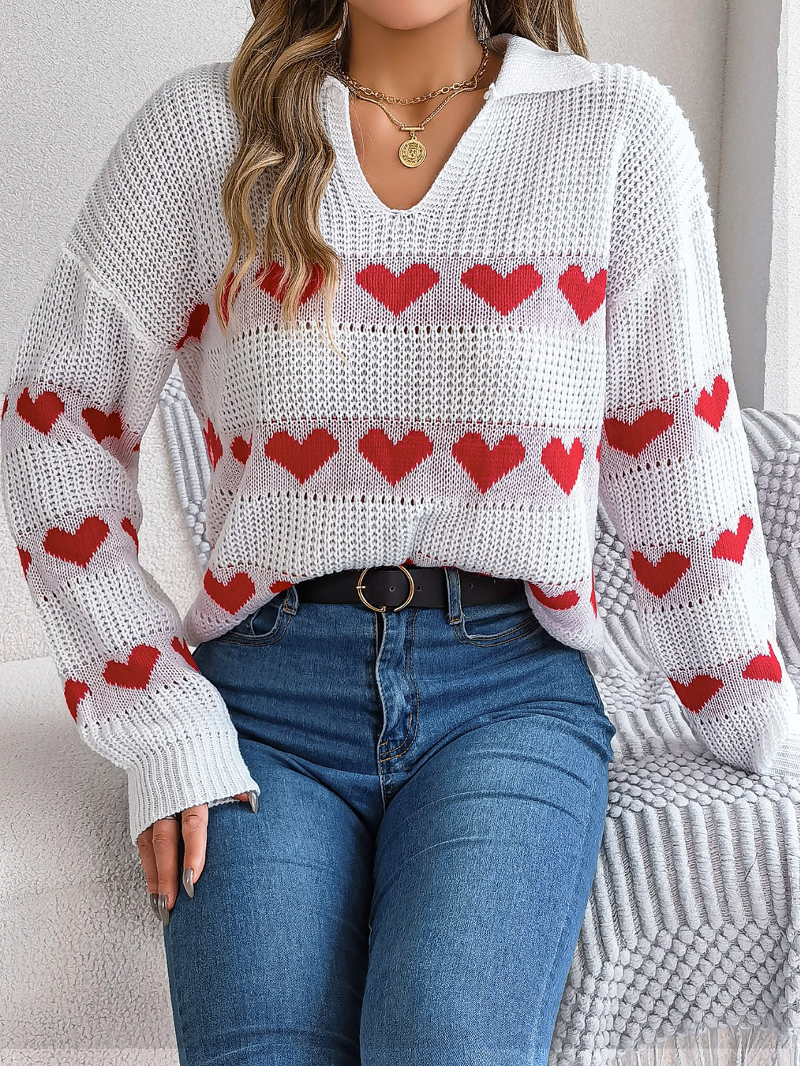 Heart Johnny Collar Long Sleeve Sweater - Charming Charlie