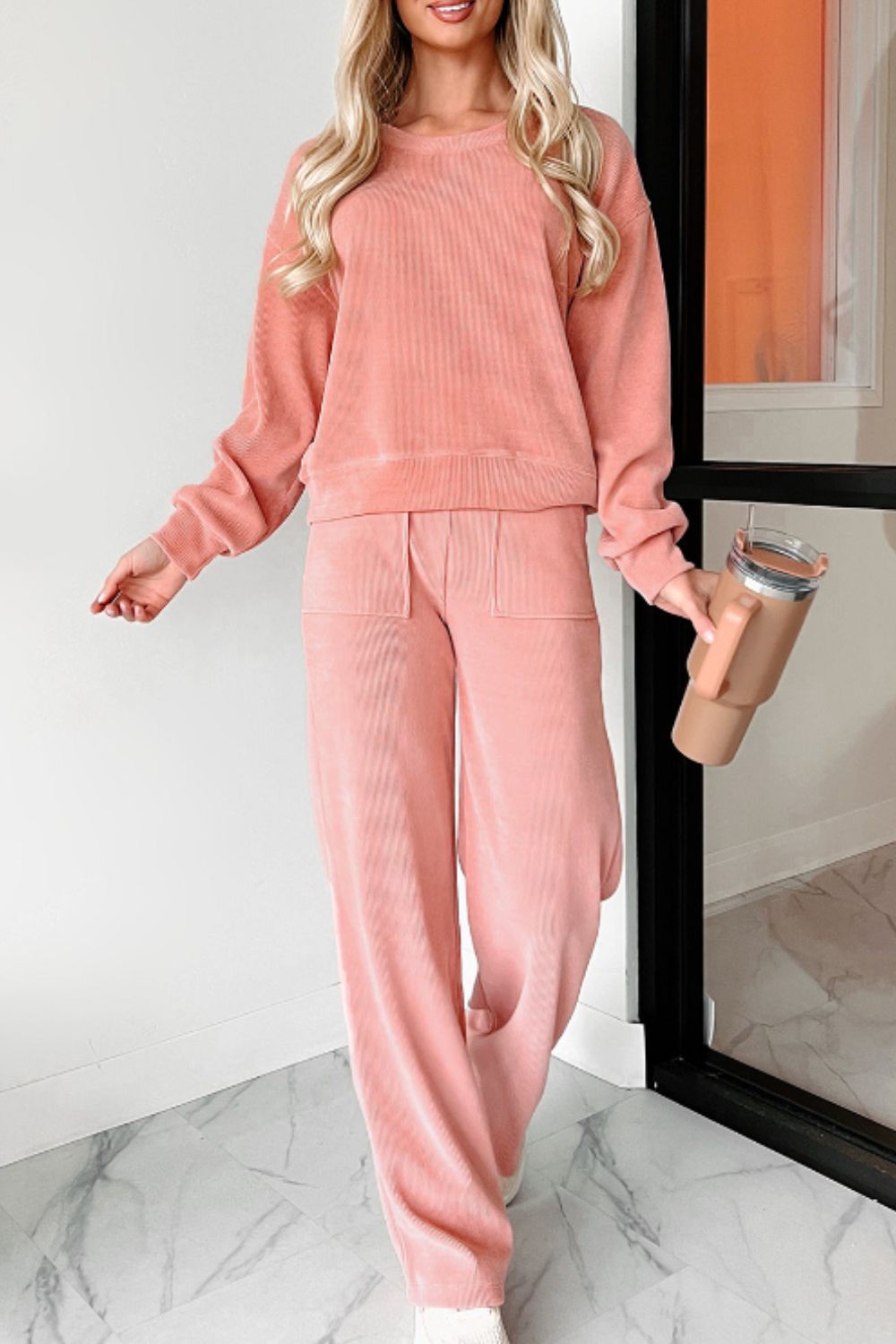 Round Neck Long Sleeve Top and Pants Set - Charming Charlie
