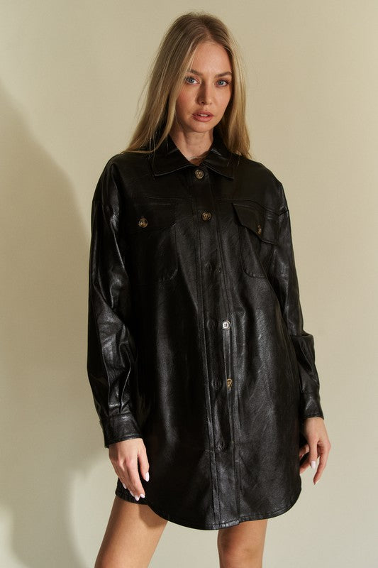 Davi & Dani Faux Leather Button Up Jacket with Chest Pockets - Charming Charlie