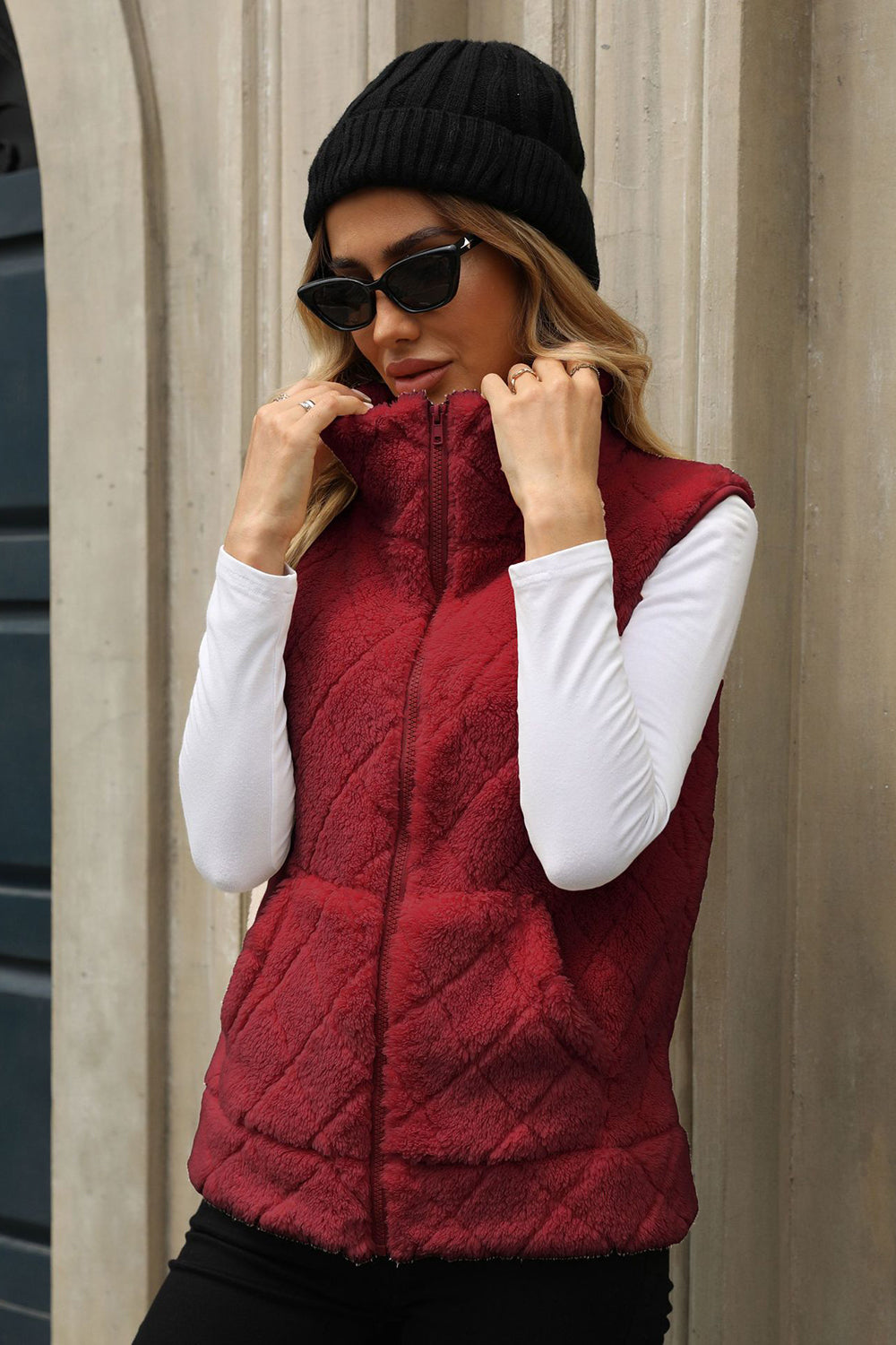 Fuzzy Plaid Texture Zip Up Vest Coat - Charming Charlie