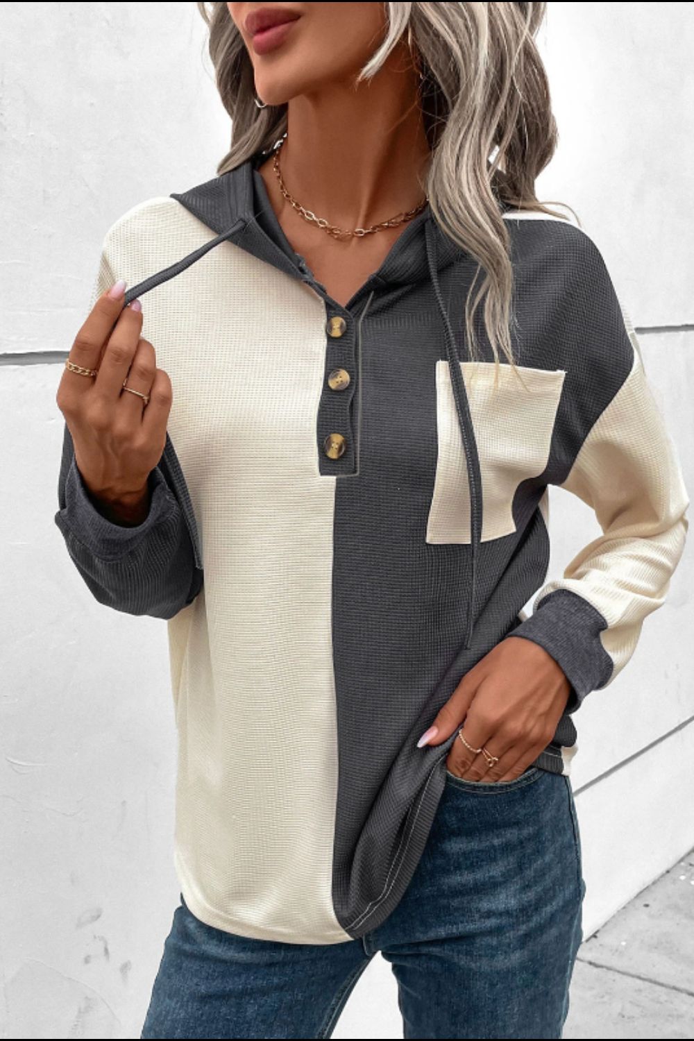 Waffle-Knit Two-Tone Long Sleeve Hoodie - Charming Charlie