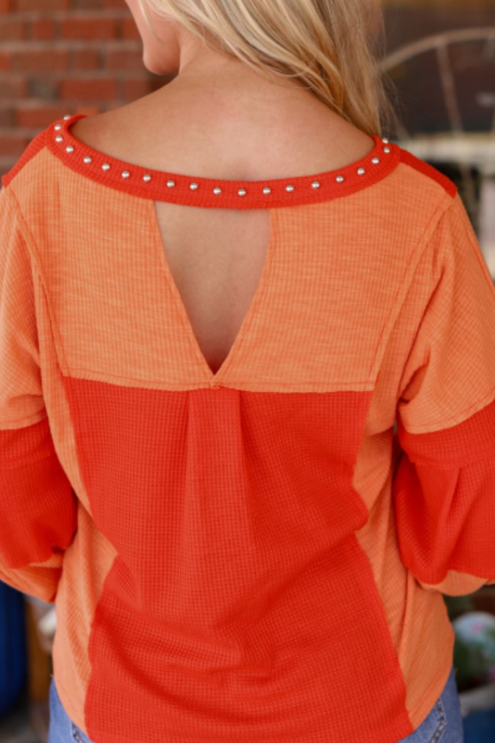 Studded Waffle-Knit V-Neck Long Sleeve Top - Charming Charlie