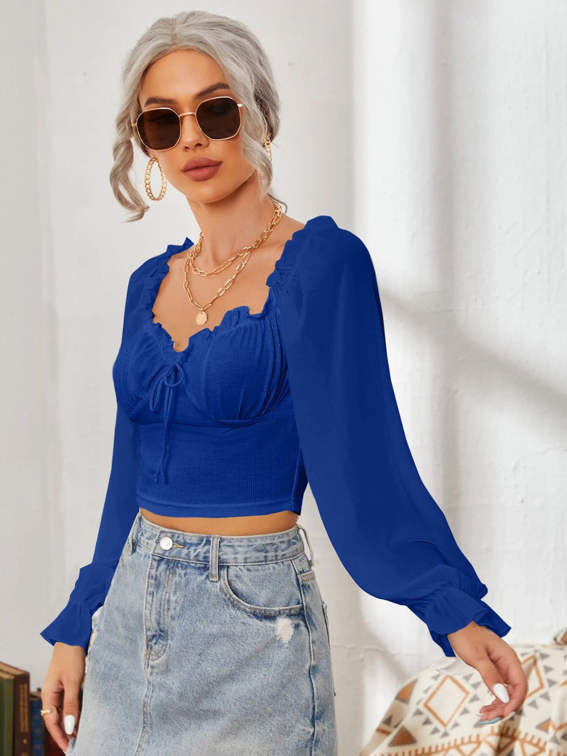 Mesh Sweetheart Neck Flounce Sleeve Top - Charming Charlie