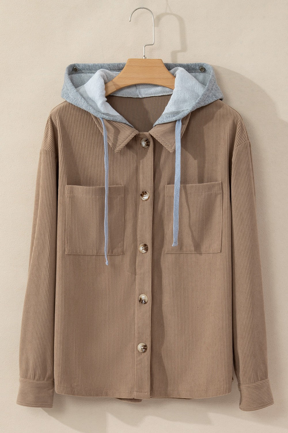 Drawstring Button Up Long Sleeve Hooded Jacket - Charming Charlie