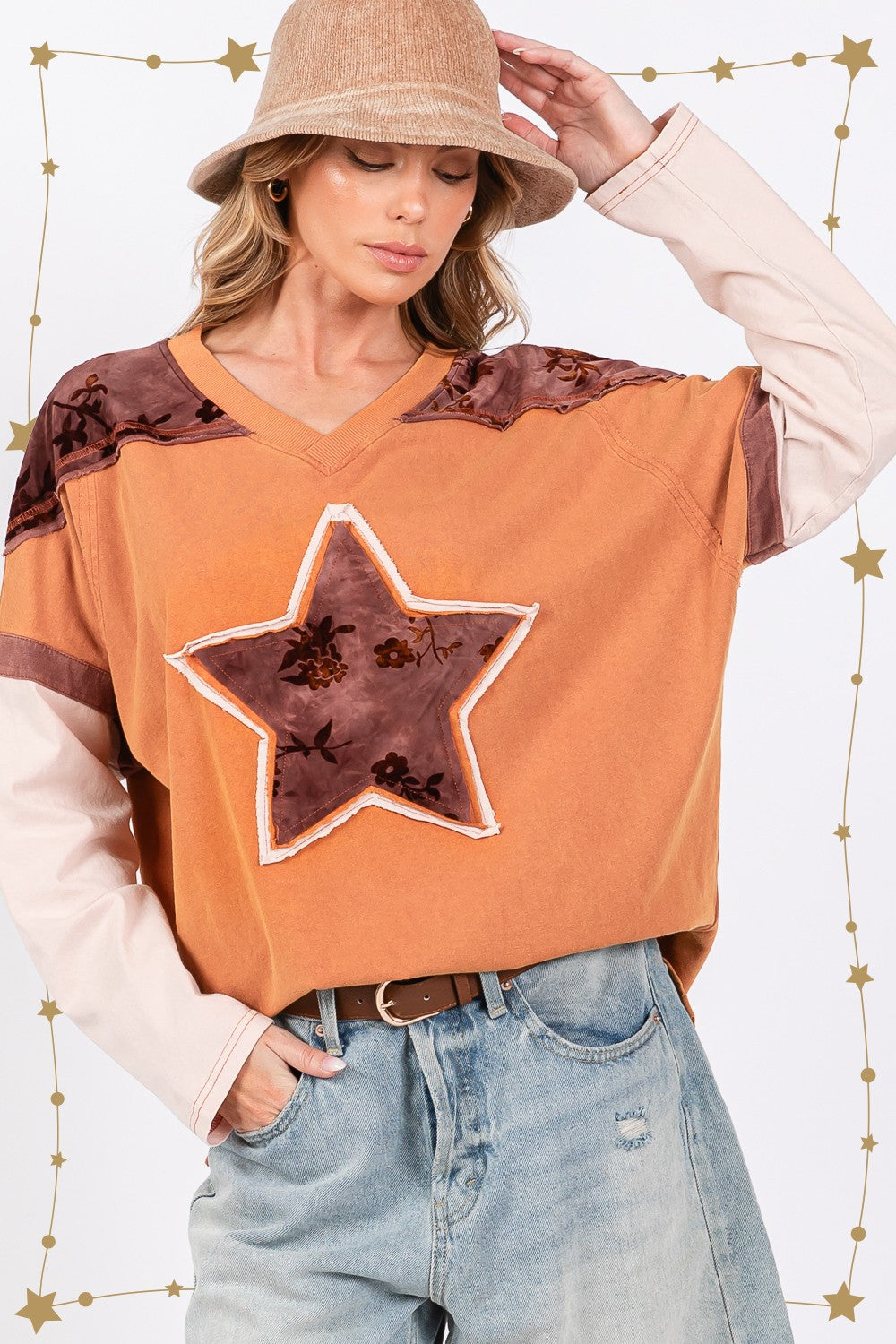 SAGE + FIG Star Patch Long Sleeve Color Block T-Shirt - Charming Charlie