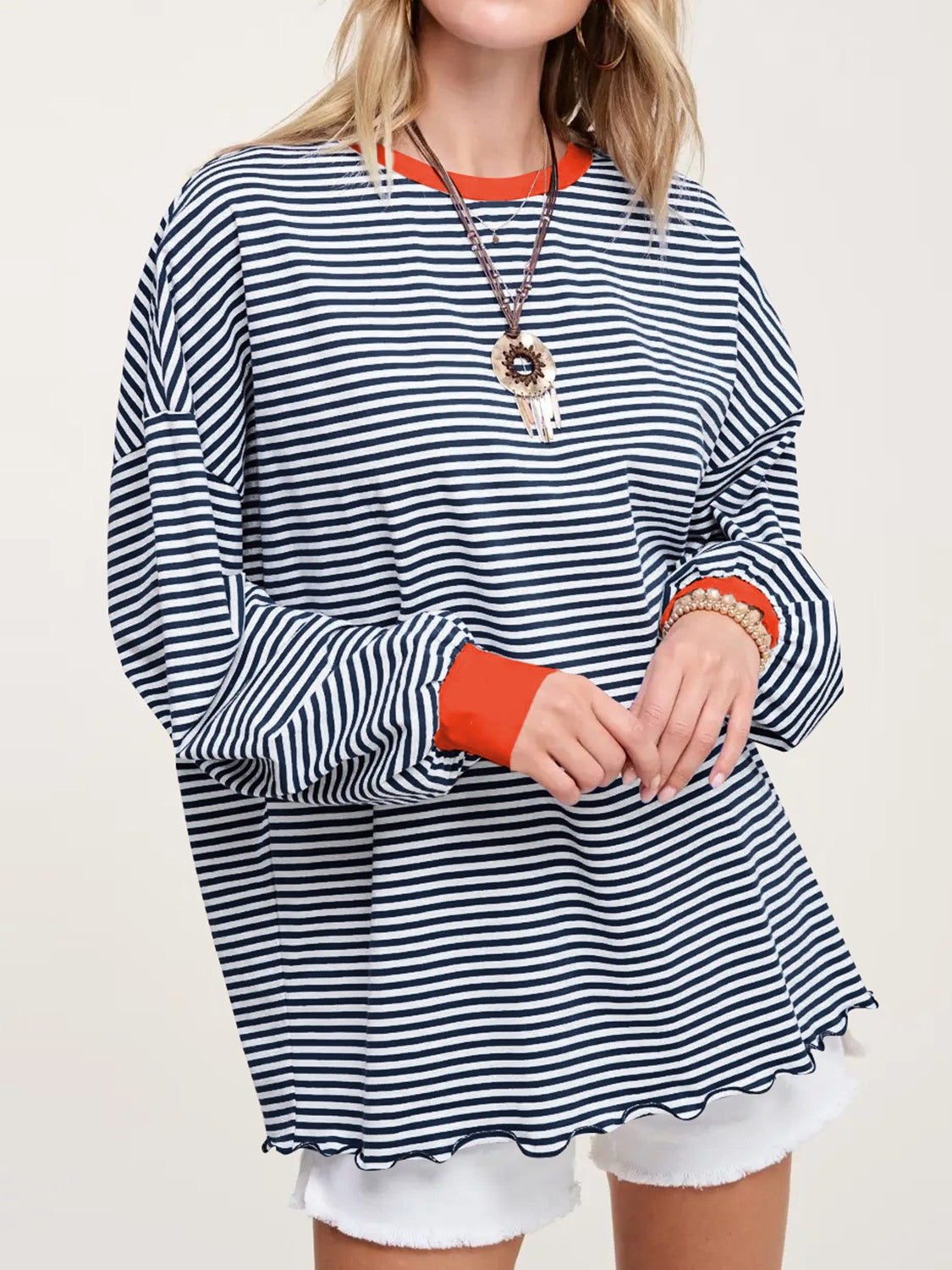 Contrast Striped Long Sleeve Sweatshirt - Charming Charlie