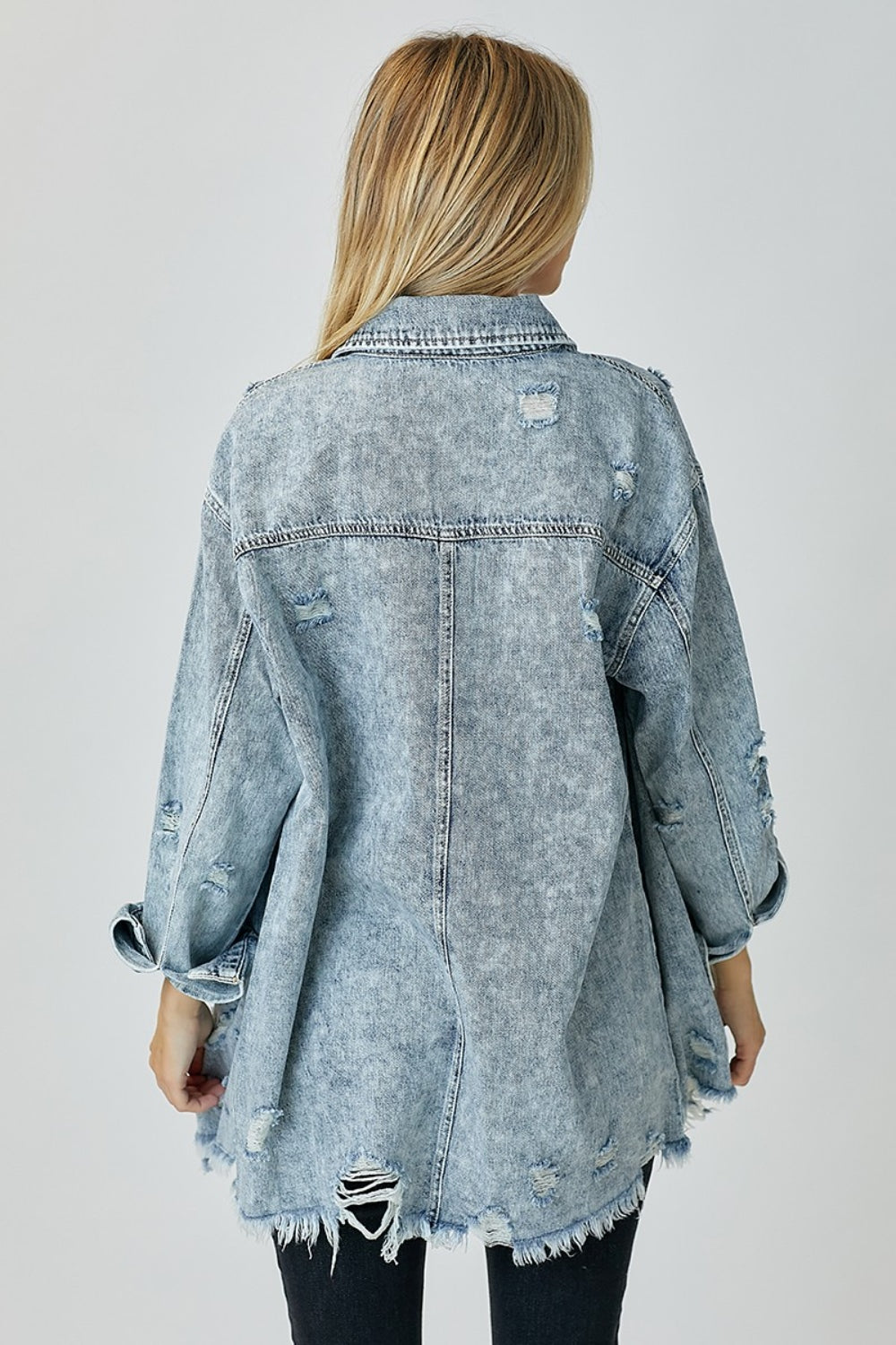 RISEN Distressed Raw Hem Denim Shirt - Charming Charlie
