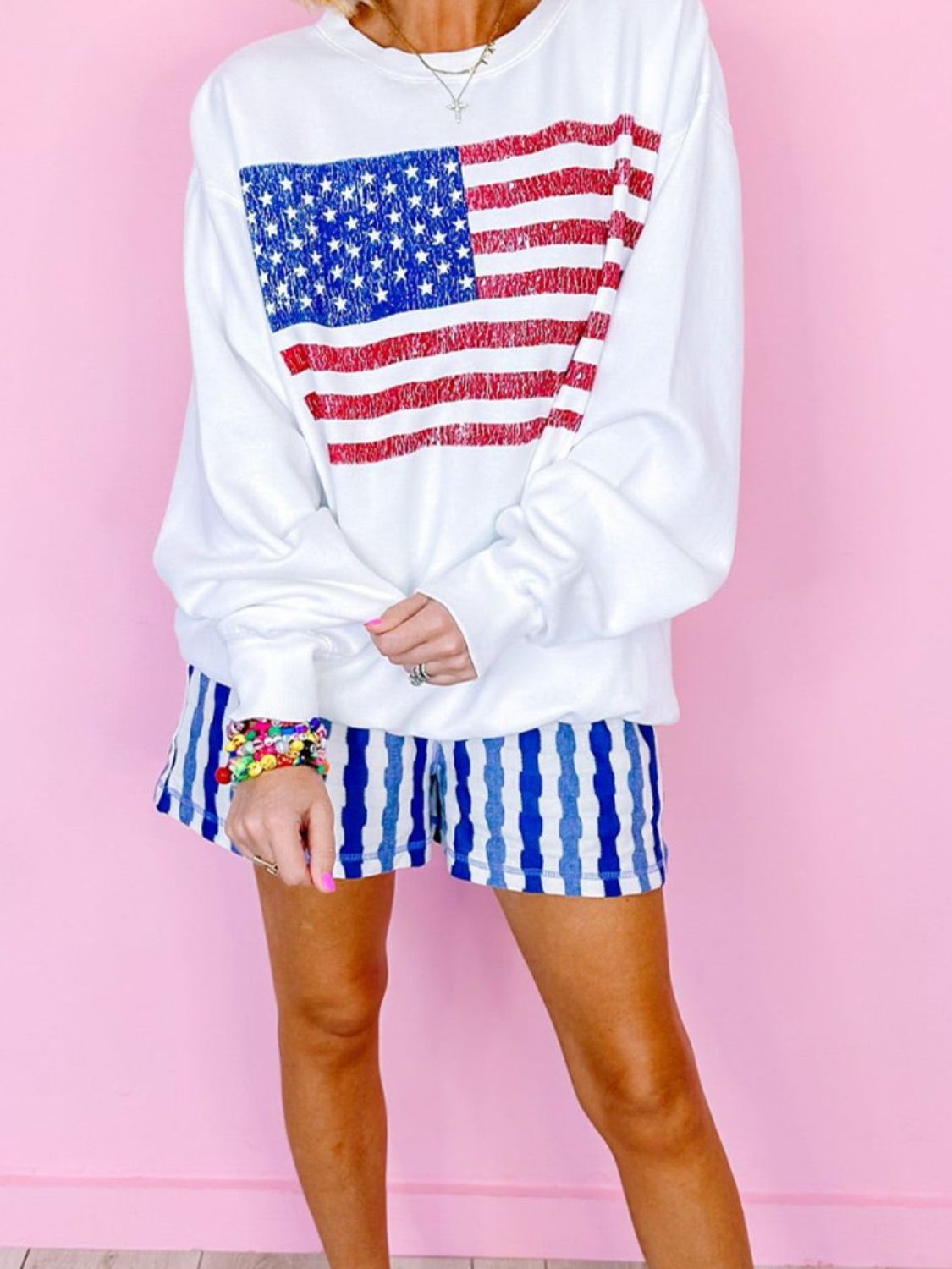 US Flag Round Neck Long Sleeve Sweatshirt - Charming Charlie