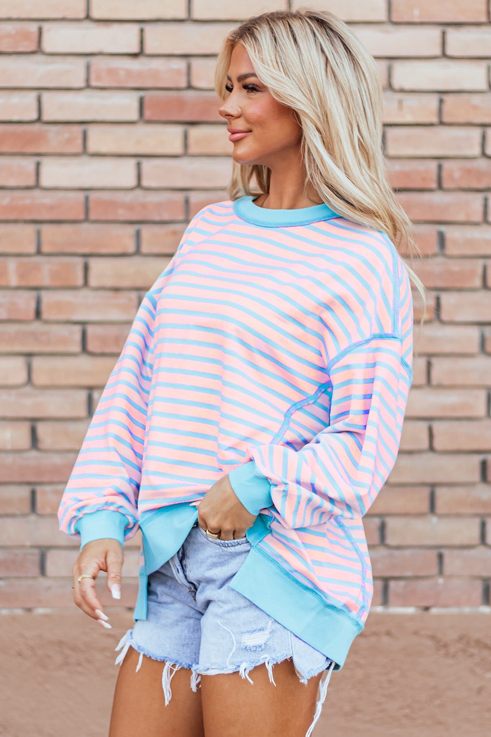 High-Low Striped Long Sleeve Sweatshirt - Charming Charlie