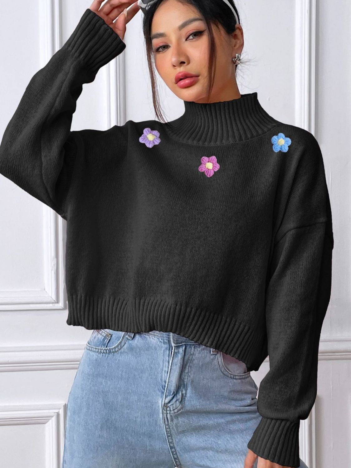 Flower Turtleneck Long Sleeve Sweater - Charming Charlie