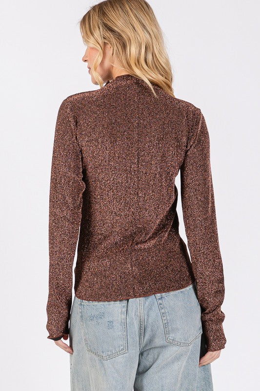 SAGE + FIG Glitter Mock Neck Lettuce Hem Long Sleeve Top - Charming Charlie