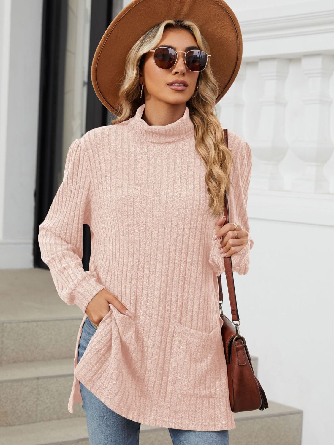 Slit Mock Neck Long Sleeve T-Shirt - Charming Charlie